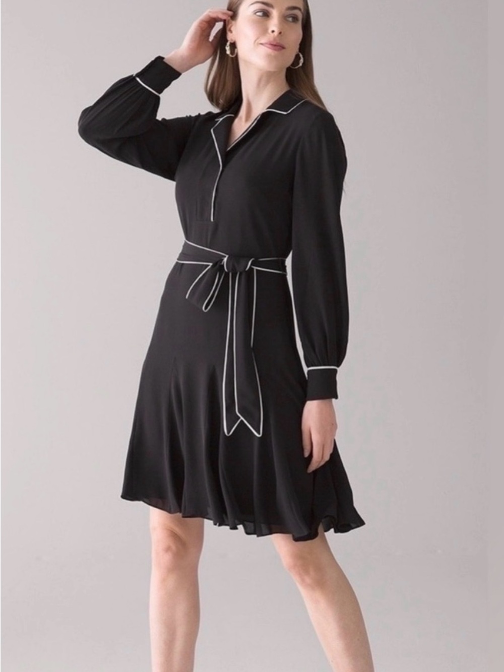 Whitehouse Blackmarket Black Contrast-Trim Long Sleeve Dress
